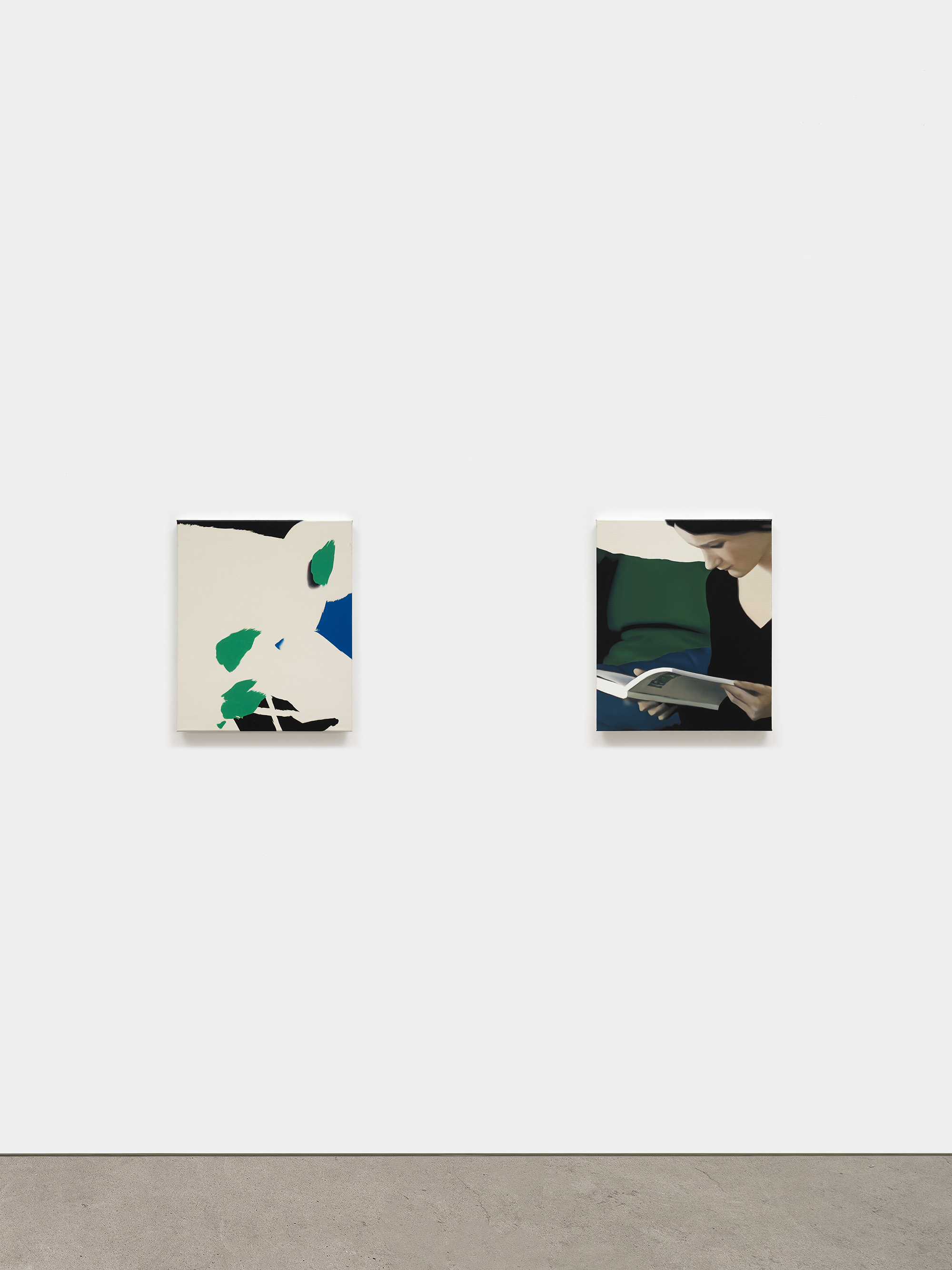 Left: Shi Jiayun, White #1, 2022, Oil on linen, 60 x 50 cm, 23 5/8 x 19 3/4 in; right: Shi Jiayun, Pondering #6, 2023, Oil on linen, 60 x 50 cm, 23 5/8 x 19 3/4 in.