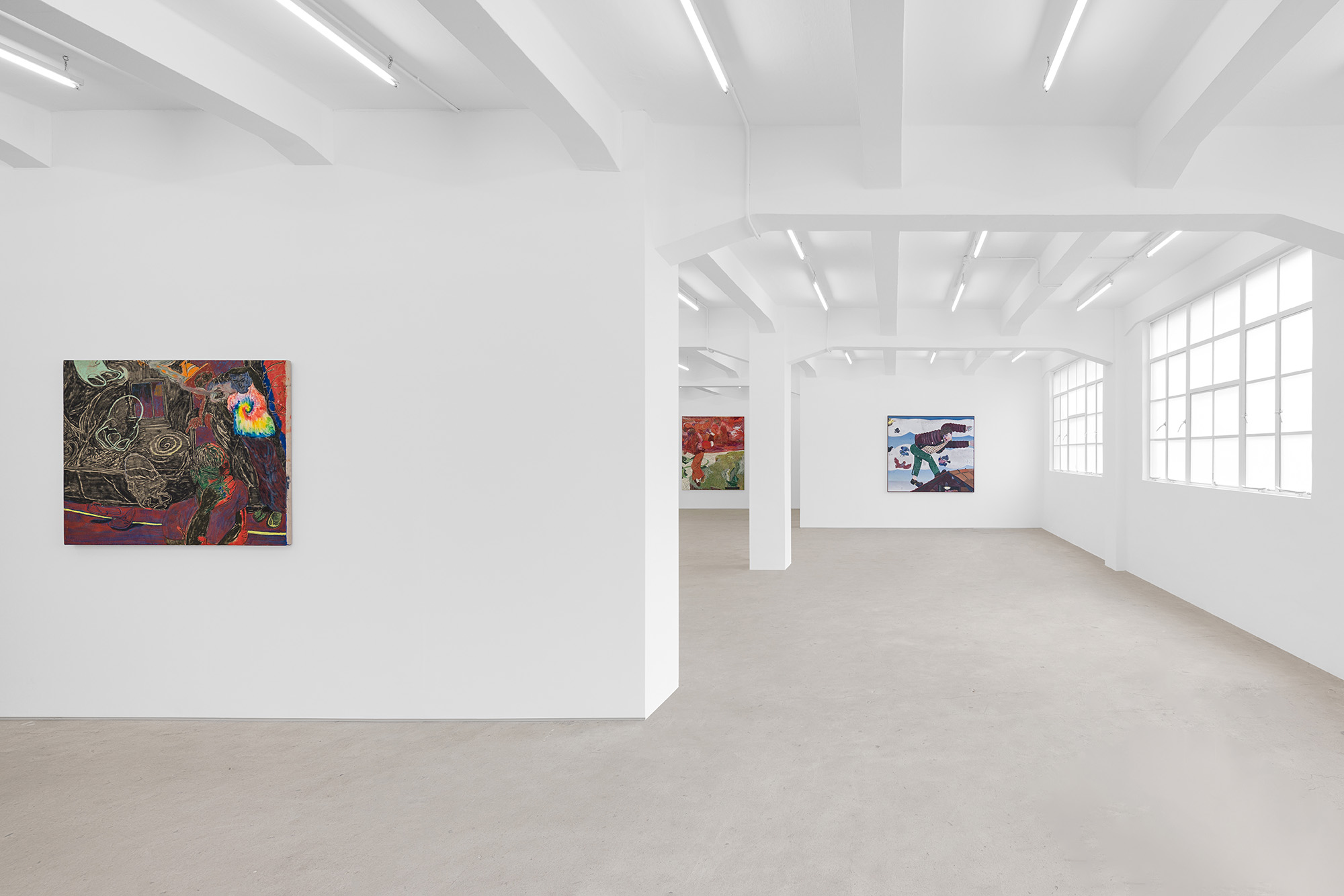 Installation view of group exhibition, Vacation II, at Gallery Vacancy, featuring works by Henry Curchod and Pieter Jennes.