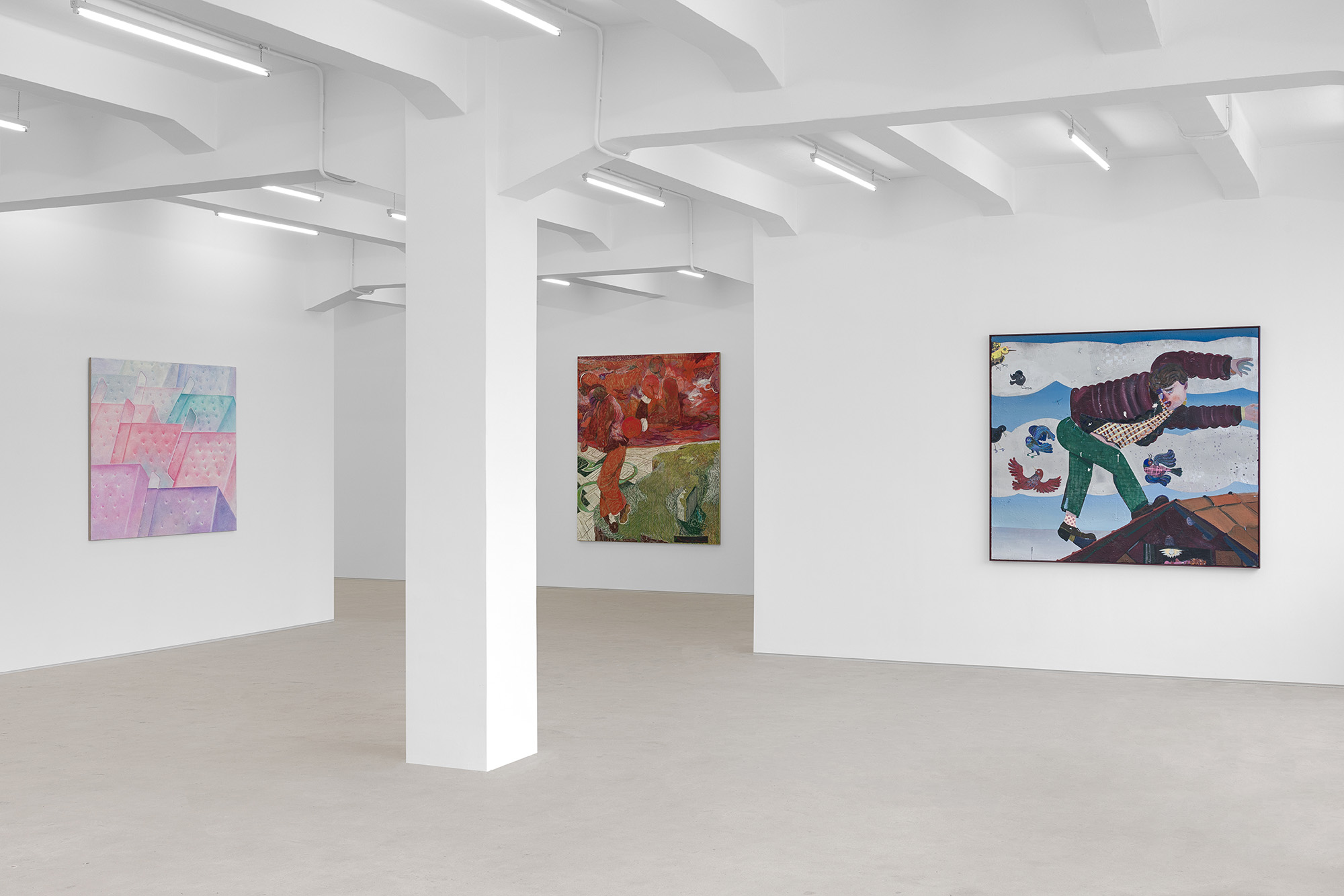 Installation view of group exhibition, Vacation II, at Gallery Vacancy, featuring works by Henry Curchod, Pieter Jennes, and Richard Burton.