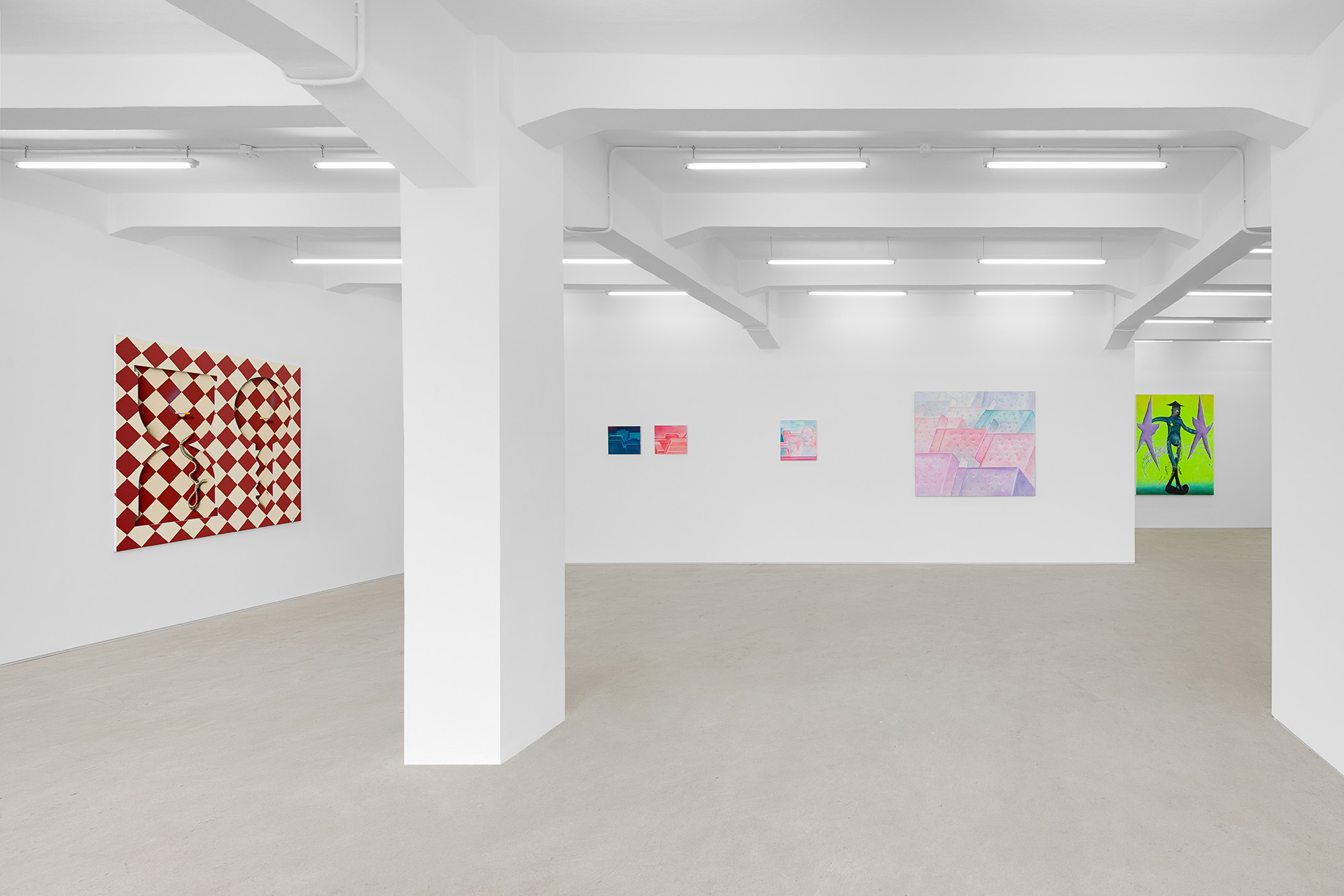 Installation view of group exhibition, Vacation II, at Gallery Vacancy, featuring works by Charline Tyberghein, Richard Burton, and Rao Weiyi.