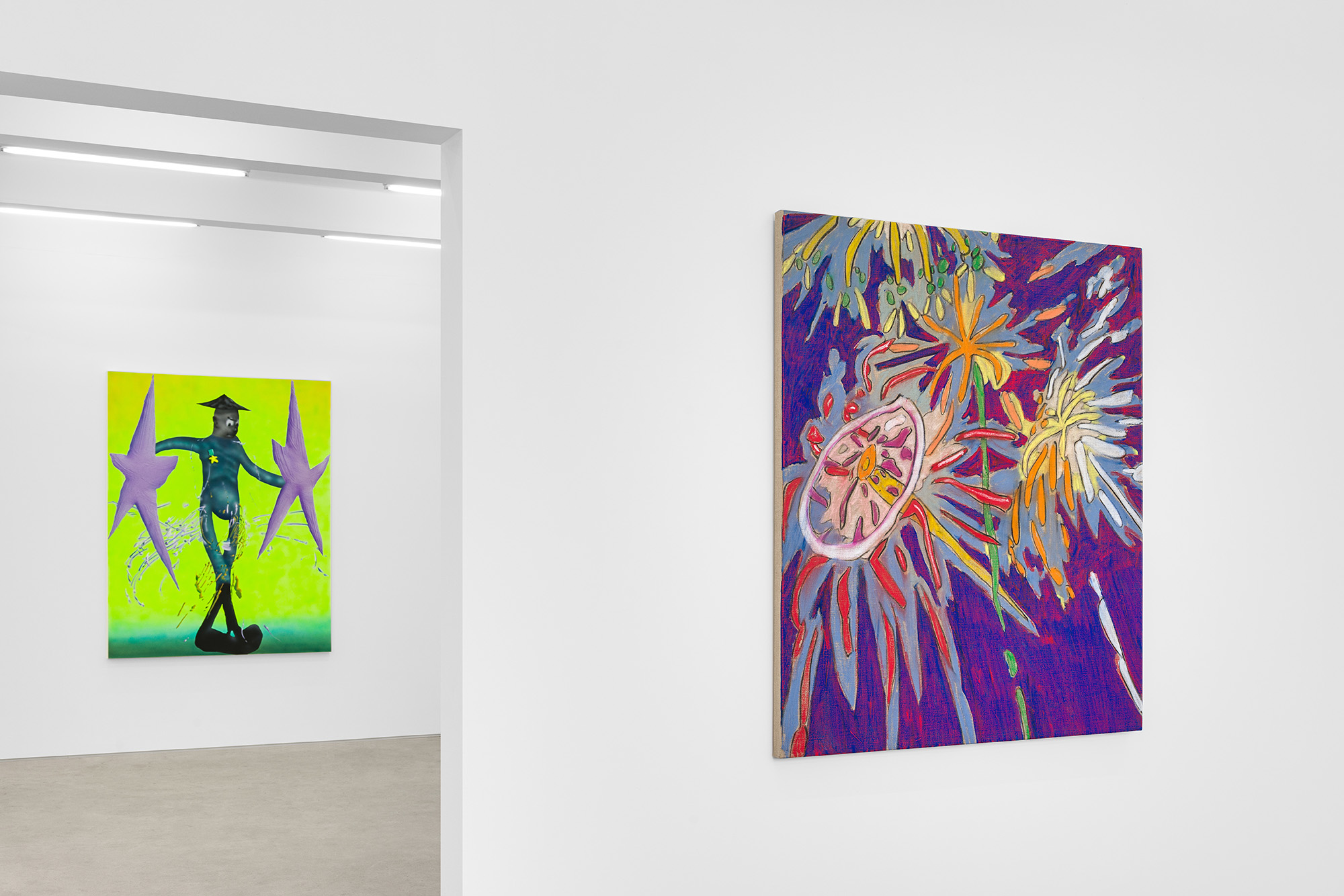 Installation view of group exhibition, Vacation II, at Gallery Vacancy, featuring works by Henry Curchod and Rao Weiyi.
