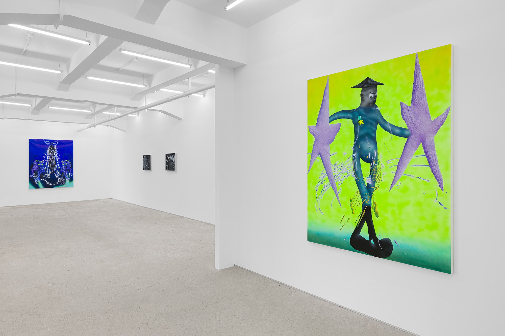 Installation view of group exhibition, Vacation II, at Gallery Vacancy, featuring works by Rao Weiyi.