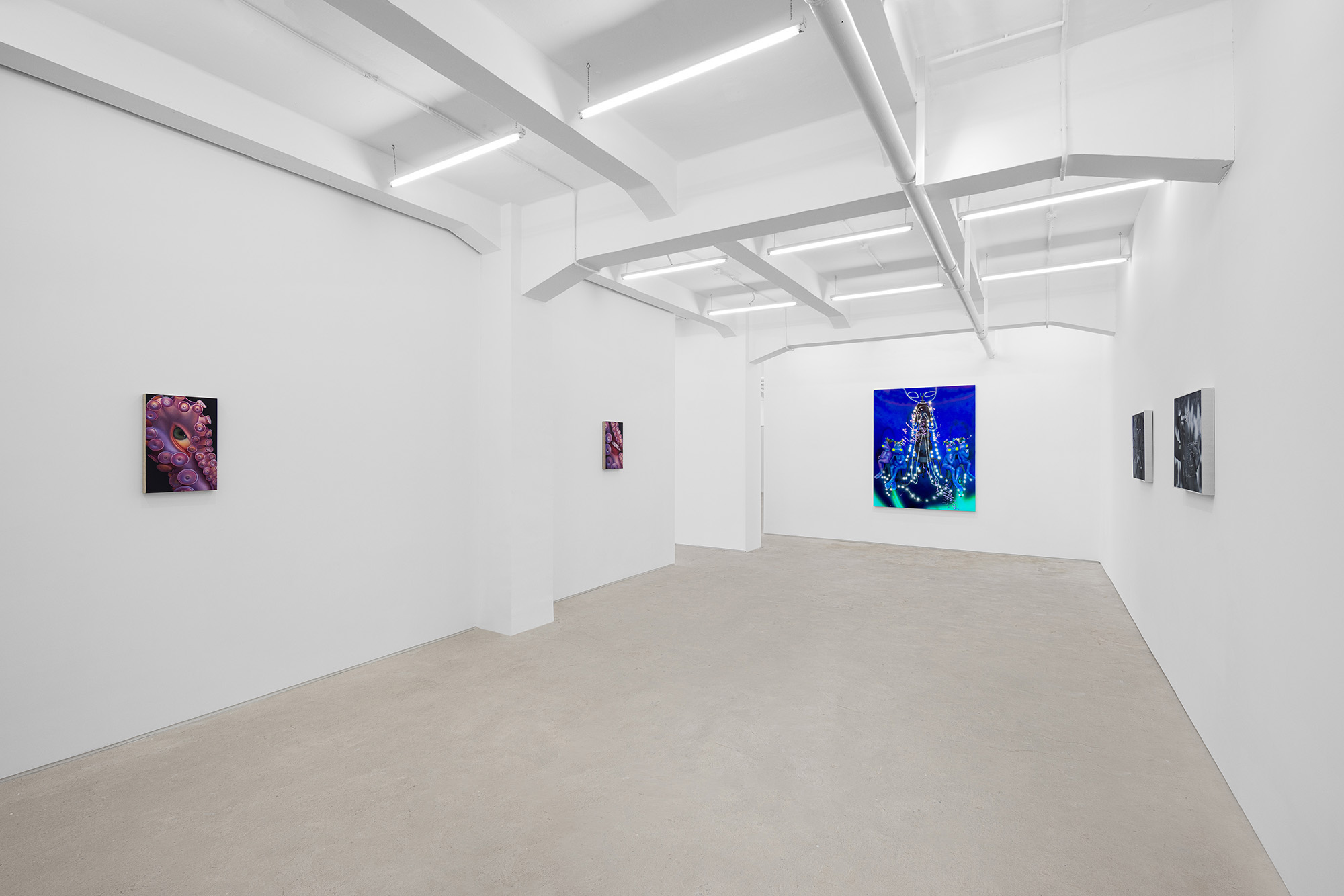 Installation view of group exhibition, Vacation II, at Gallery Vacancy, featuring works by Rao Weiyi and Ariane Heloise Hughes.