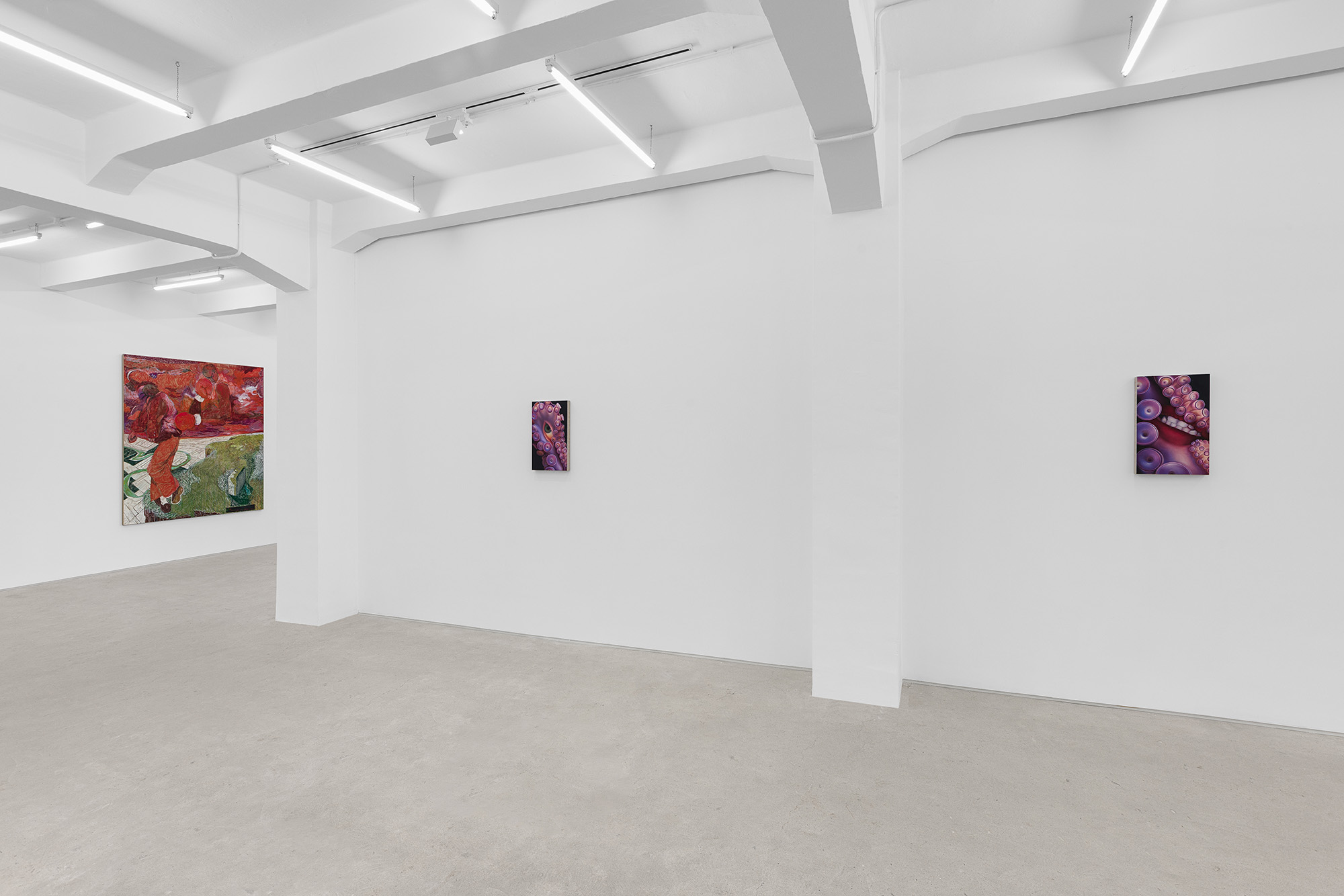 Installation view of group exhibition, Vacation II, at Gallery Vacancy, featuring works by Ariane Heloise Hughes and Henry Curchod.