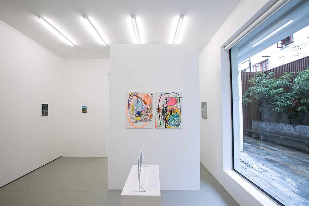 Installation view of Condo Shanghai at Gallery Vacancy with works by Yu Nishimura and Wang Xiyao.